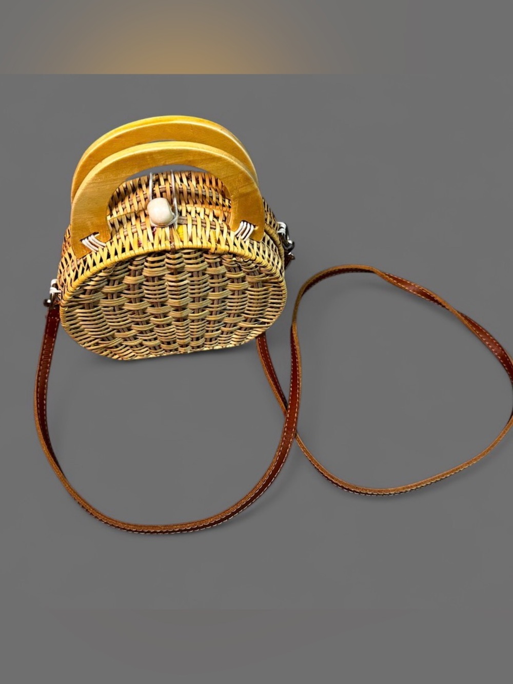 Woven Round Crossbody Bag with Yellow Trim